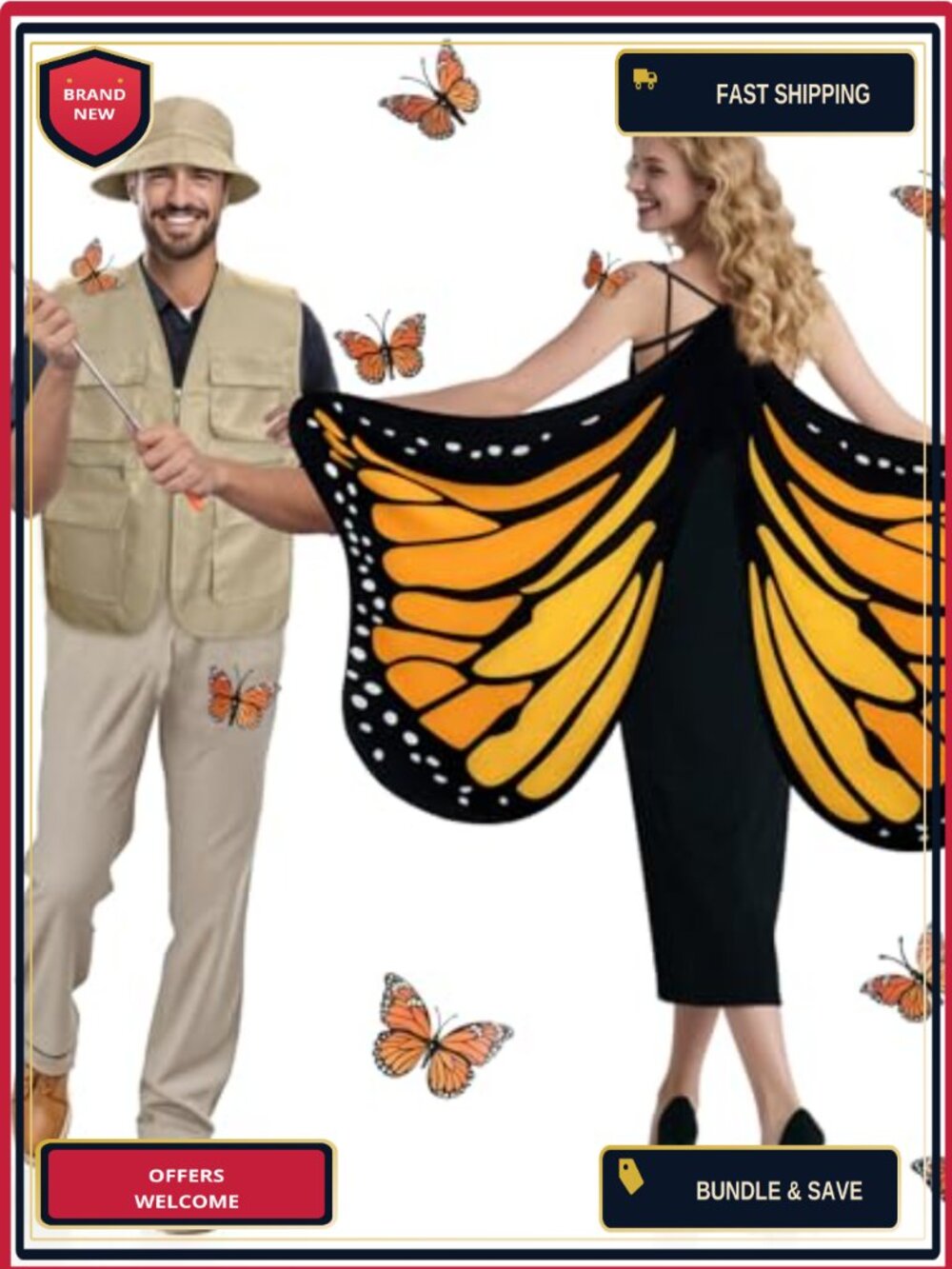 Adult Butterfly Couple Costume Set Wings Cape Vest Hat Net Halloween